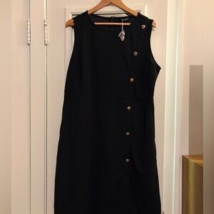 BloomChic Elegant Black Midi Dress with Gold Buttons, elastic waist and pockets